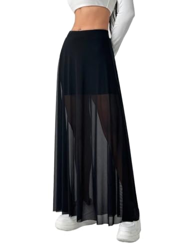 ELDINA Women's 2024 Summer Casual Long Skirt Black Black Mesh Skirt