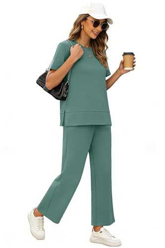 Image of XIEERDUO Women's Side Slit Lounge Sets 2026 Fashion 2 Piece Travel Outfits Cozy Loungewear Wide Leg Tracksuits S-3XL