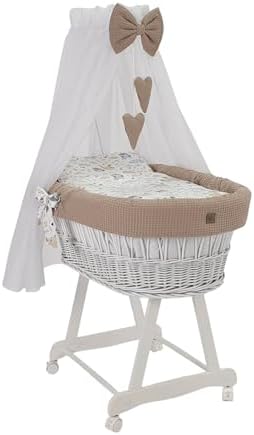 WIKLINOPOL Stubenwagen Lena aus Weide – Babywiege mit Rollen, Matratze, Baldachin & Bettwäsche aus Waffelstoff mit Kaninchen Beige, handgefertigt, weiß Moseskorb