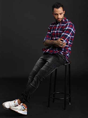 Image of THE BEAR HOUSE Men's Cotton Blue & Red Checks Slim Fit Shirt | L |TBH-Bud-BL-L |