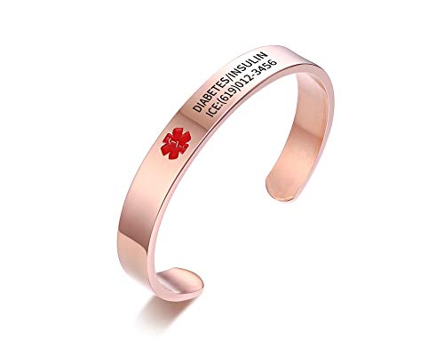 MEALGUET Free Engraving Stainless Steel Cuff Medical Alert ID Bracelet Open Metal Custom Medic Identification Cuffs Bangle for Men Women,7.7-8 Inches,Rose Gold