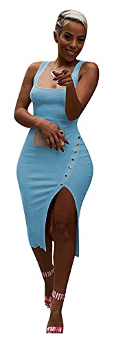 Salimdy Womens Sexy Soild Sleeveless Strap Tank Ribbed Buttons Side Split Bodycon Irregular Long Pencil Midi Dress Light Blue L #TOP9
