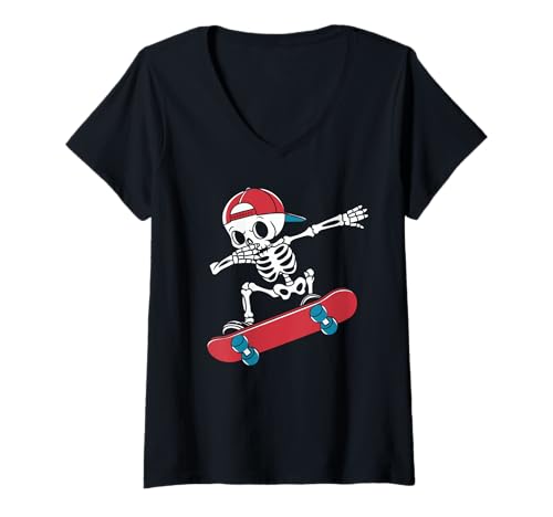 Mujer Cool Skeleton Skateboarding Divertido Skater Skateboarder Camiseta Cuello V