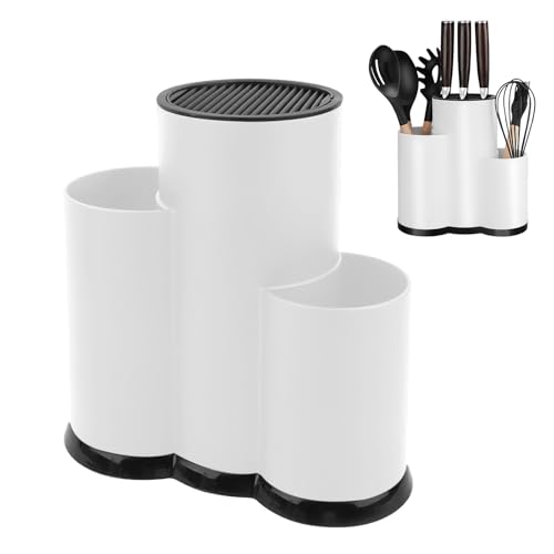 3 in 1 Messerblock Ohne Messer, Messerhalter, Messerblock Universal Runder, Messerblockhalter Unbestückt, Organizer für Alle Küchenmesser Geeignet, Weiß