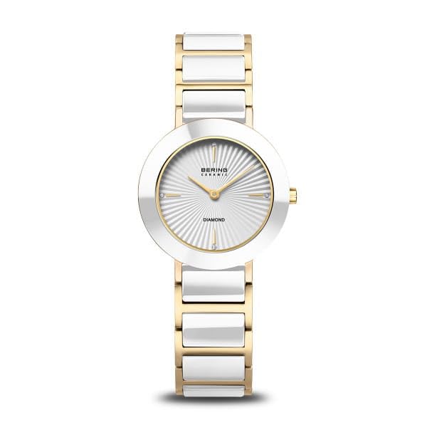 BERING Ceramic Damenuhr, Edelstahl mit Keramikelementen, Bicolor Gold-Weiß, Saphirglas, 4 Diamanten, Quarzwerk, 29 mm