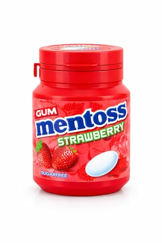 Image of Mentoss Sugar Free Strawberry Gum Bottle, Refreshing Chew with Long-Lasting Fruity Taste, 56g (Imported)