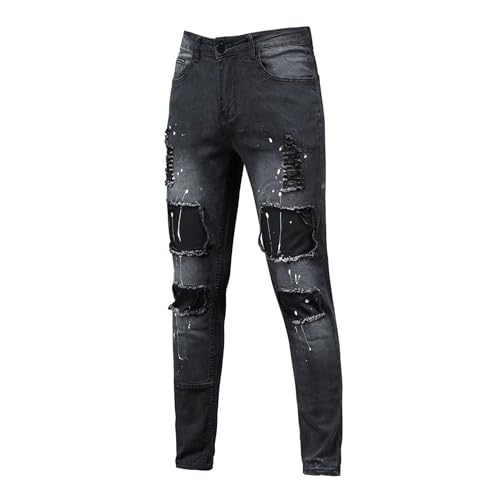 Men's Slim-Fit Ripped Tapered Biker Jeans Stretch Destroyed Skinny Denim Pants Stylish Straight Leg for Men (Black,Medium)