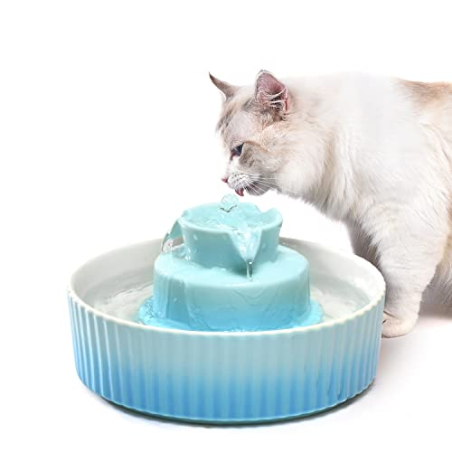 Image of 360 Ceramic Pet Fountain, Advanced Porcelain Cat Water Fountain, 70 oz.Drinking Fountains Bowl for Cat and Dogs with Replacement Filters and Foam (Green Blue)