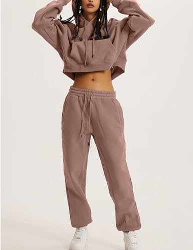 Flygo Womens Fleece 2 Piece Outfits Sweatsuit Crop Pullover Sweatshirt Joggers Pants Tracksuit Set