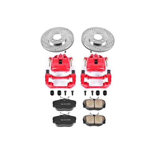 Image of PowerStop Front Brake Kit for BMW 318i 1991-92 |318is 1991-92 |325 1986-88 |325e 1984-87 - Carbon-Fiber Ceramic Brake Pads + Drilled & Slotted Rotors + Red Powder Coated Calipers, KC3008