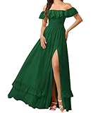 Vestido de dama de honor de princesa, con volantes, de gasa, formal, para fiesta de noche, con hombros descubiertos, ZMKI604, Verde esmeralda., 42
