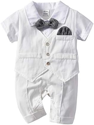 Baby Boy Gentleman Romper with Tuxedo Bowtie, Newborn Short Sleeves Jumpsuit Overall Outfit (White, 9-12M)