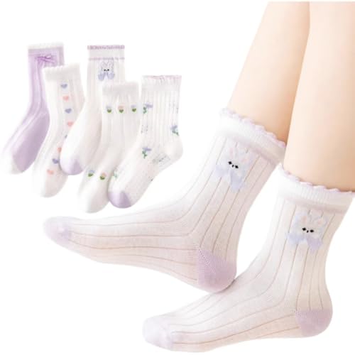 Girls' Cute Cotton Thin Summer Short Socks 5 Pairs, Cartoon Floral Animal Mesh Mid-Calf Ankle Socks for Baby Girls