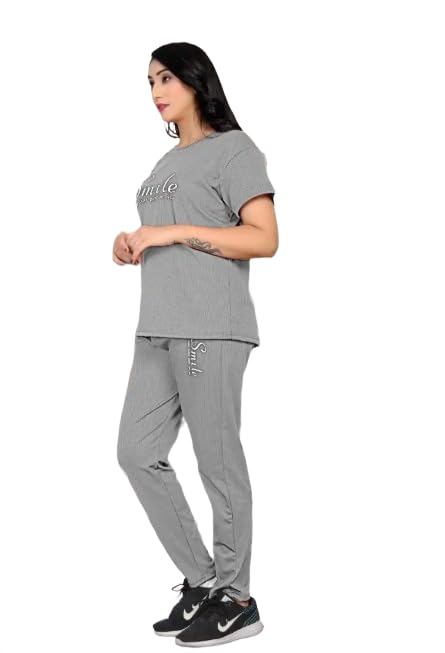 Heavy Lycra Night Wear Set for Women, Top and Pant with Smile Print, Maroon, Olive Green, Purple, Grey, M L XL XXL (Grey, M)