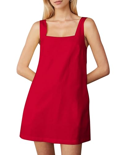 Image of Burtell Summer Sleeveless Cotton Linen Mini Dresses for Women Casual Square Neck Backless Short Dress Solid Tank Shift Dress