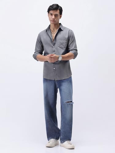 Image of Urbano Fashion Men's Cotton Full Sleeve Regular Fit Casual Solid Slub Shirt with Spread Collar