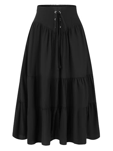 Allegra K Boho Midi Skirt for Women's Lace-Up Smocked Back Pleated A-Line Skirt