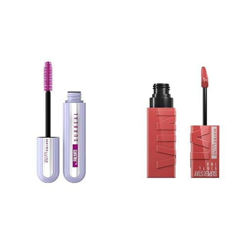 Maybelline New York Falsies Surreal Maskara + Super Stay Vinyl Ink Uzun Süre Kalıcı Likit Parlak Ruj 15 Peachy