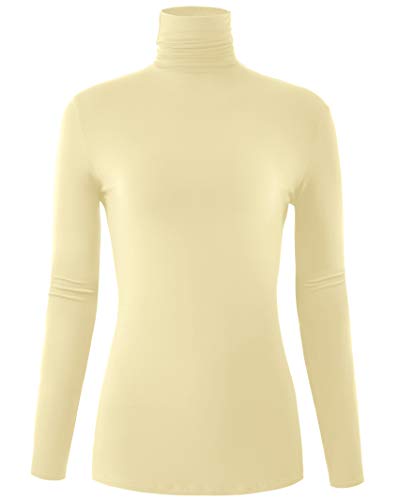 AUHEGN Women's Long Sleeve Lightweight Turtleneck Top Slim Fit Pullover T-Shirt Large Pale Beige