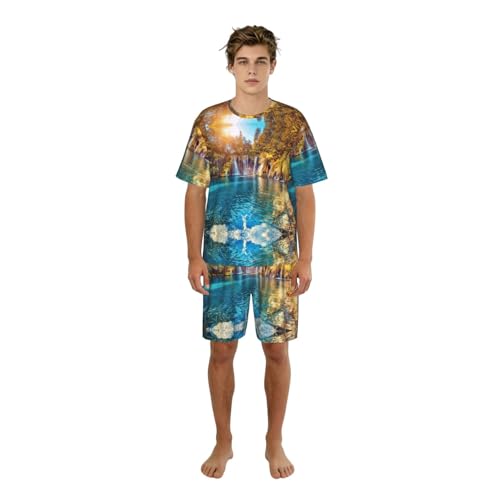 Pyjama court hommes imprimé lac d'été en satin léger pour la maison