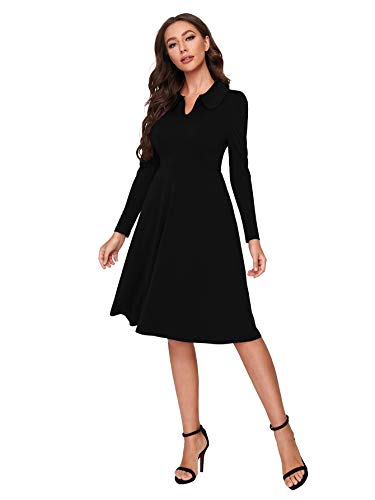Romwe Women's Vintage 1950s Retro Collared Long Sleeve Fit and Flare Swing Party Dress Black S