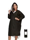 SaphiRose Waterproof Rain Poncho Jacket with Hood and Pockets for Adults - Portable with Pockets Long Sleeves(Black)