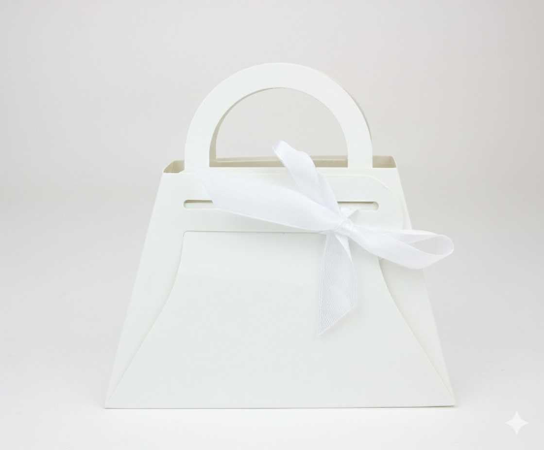Emartbuy White Handbag-Style Gift Boxes with Ribbon – Luxury Mini Paper Purse Box for Party Favors, Weddings & Return Gifts – (12 × 8 × 6 cm) – Pack of 96