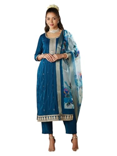 Image of MOKOSH Women's Muslin Embroidered Kurta Pant Dupatta Set (440-DM)