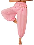 Sinleey Women's Belly Dance Chiffon Pants Coins Bloomers Lantern Pants Arabic India Dance Costume Pink One Size