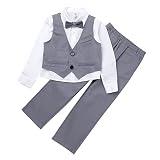 LiiYii 4Pcs Jungen Gentleman Smoking Anzug Lang Hemd + Weste + Hose + Fliege Babykleidung Schicker Taufanzug Festliche Kinderanzug Festanzug Anzugsset Bekleidungsset Grau 122-128