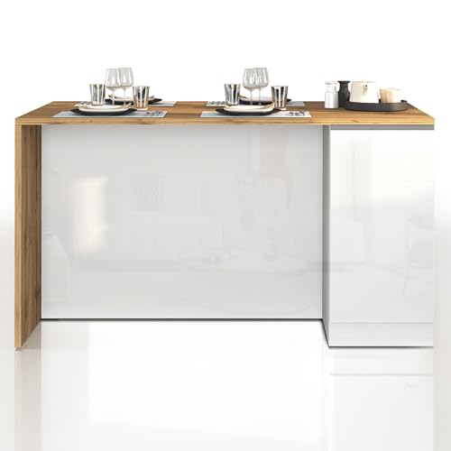 WHOUS Isola Cucina SOLE con 2 Ante, Tavolo da Pranzo e Piano di Lavoro, Ideale per Open Space e Spazi Ridotti, 160x90x90 cm, Bianco Lucido e Rovere