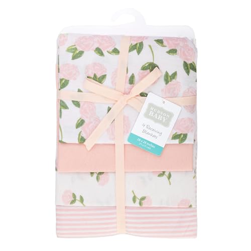 Image of Hudson Baby Unisex Baby Cotton Polyester Flannel Receiving Blankets, Pink Peony, One Size