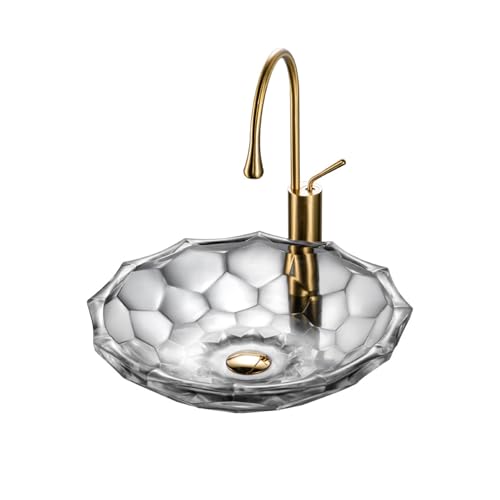 Boyuan Bathroom Vessel Sink Transparent Diamond Shaped Crystal Countertop Sink Round Above Counter Clear Glass Vessel Sinks with Brushed Gold Faucet Pop-up Drain Cold & Hot Water Hoses