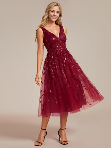 Image of Ever-Pretty Women's Prom Dress A Line V Neck Open Back Sleeveless Ruched Sequin Tea Length Formal Dress Burgundy US8