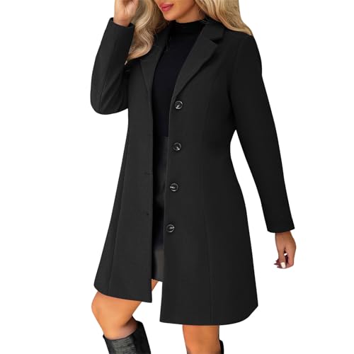 Dyhxuan Wollmantel Damen Lang Trenchcoat Elegant Revers Mantel Einfarbig Übergangsjacke Knielang Wintermantel Einreihiger A-Linie Wolljacke Herbst...