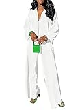 Halfword 2 Piece Outfits for Women Casual Pleated Linen Sets Long Sleeve Button Down Shirt Wide Leg Long Pants Jumpsuit Romper White M