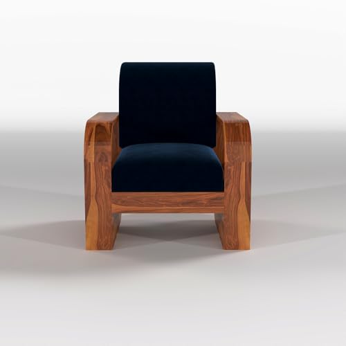 Image of NEW MAMTA FURNITURE Solid Sheesham Wooden 5 Seater Sofa Set Without Coffee Table with Blue Cushion for Living Room Furniture - Honey Finish (3+1+1)
