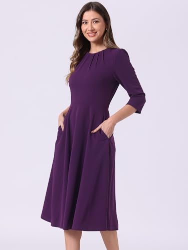 Image of Allegra K Elegant Work Dress for Women's 3 /4 Sleeve Round Neck Pockets Vintage A-Line Swing Midi Dress
