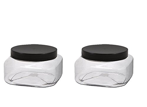(6 Pack) 8 Oz Plastic Jars with Lids, Clear Plastic Square Jars with Smooth Black Plastic Lids - 70mm - 240mL Volume by Grand Parfums - Empty 8 Oz Jars with Lids