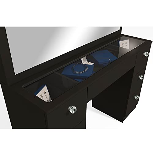Boahaus Yara Makeup Vanity Desk With Hollywood Vanity Mirror, Lights, 7 Drawers, Glass Top, Crystal Knobs, Black Makeup Desk For Bedroom #TOP3
