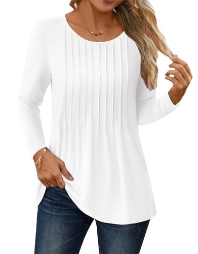 NORACORA Long Sleeve Pleated Tops for Women Dressy Casual Chic Crew Neck Blouses Shirts Loose Fit Trendy Fall Clothes 2025