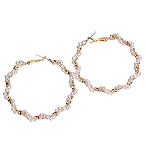 Junyy Pearl Twist Hoop Earrings For Women Girls Exaggerated Large Circle Hypoallergenic Chunky Earrings Statement Studs(Gold) #TOP19