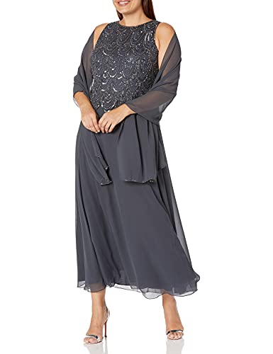 J Kara Women's Petite Sleeveless Beaded Pop Over Dress with Scarf