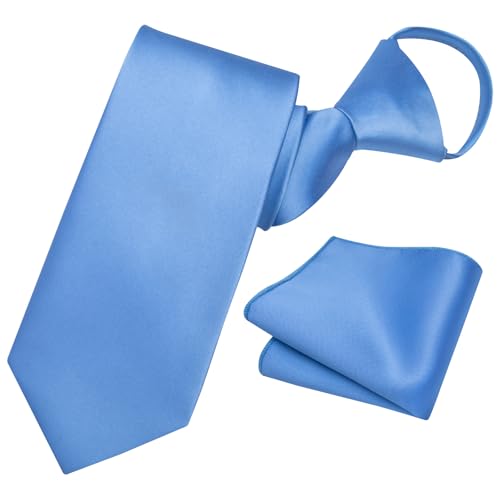 Image of YourTies Zipper Tie for Men Adjustable Pre-tied Satin Neckties and Pocket Square Set Solid Color Business Formal Wedding