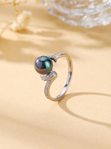 Freshwater Black Pearl Ring for Women Sterling Silver 18K Gold Plated Elegant Pearl Engagement Ring Wedding Jewelry Gifts for Mom Mother2