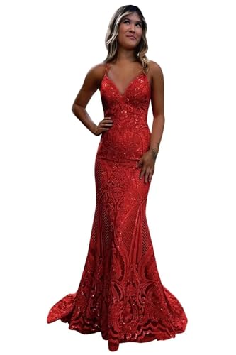 TIRAS Long Sequin V Neck Prom Dresses Spaghetti Straps Mermaid Formal Party Evening Gowns for Women CM267