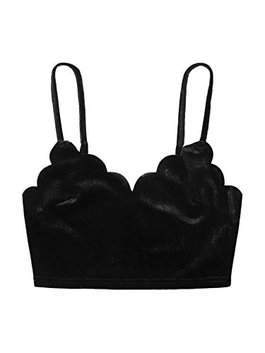 SheIn Women s Casual V Neck Scallop Trim Strappy Velvet Crop Cami Tank Sleeveless Top Black Medium