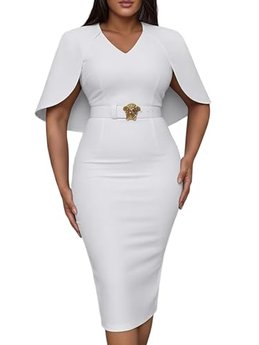 CHICME Women's Elegant Cape Sleeve Bodycon Midi Dress V-Neck Back Slit Slim Fit Cocktail Pencil Dress-w-S A-White : Clothing, Shoes & Jewelry