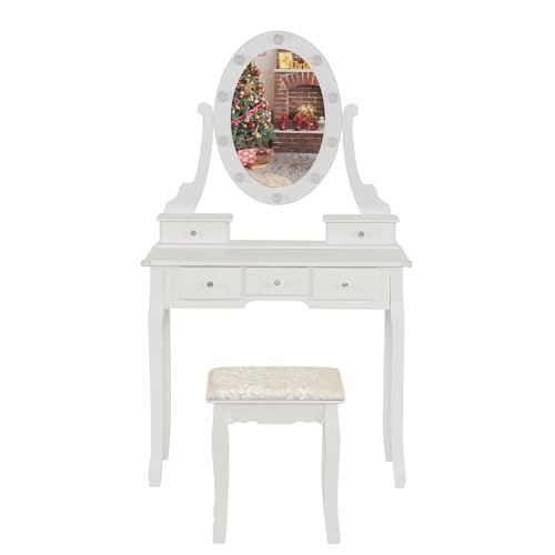 Ynredee Girls Makeup Vanity Set,Dressing Table Desk with Lighted Mirror and Stool,Makeup Table with 5 Drawers for Bedroom,Bathroom