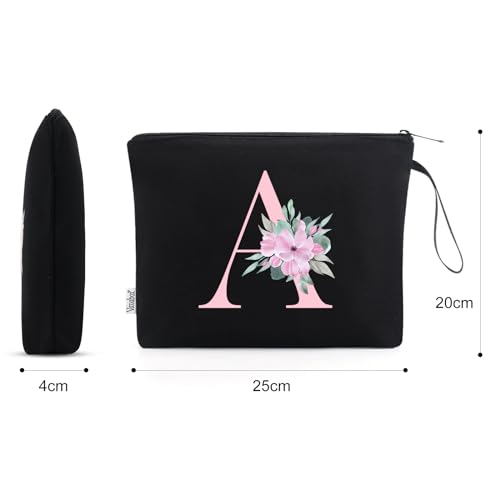 Image of Vavabox A-Z Personalized Makeup Bag, Birthday Gifts for Women Mom, Gifts for Best Friend, Bride Bridesmaid Cosmetic bag (A, 02-Black)